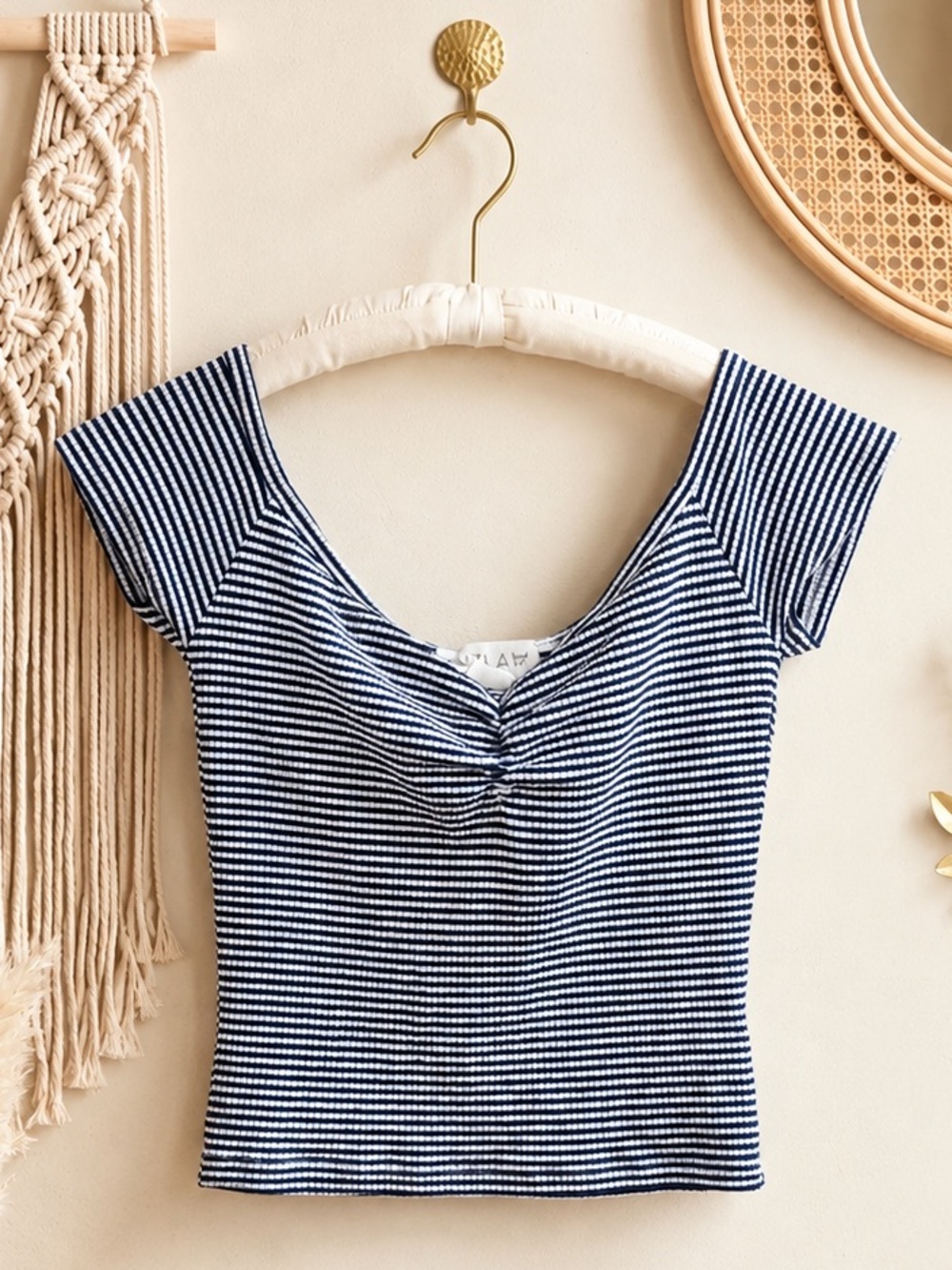 Outlaw Striped Navy and White Knit Off The Shoulder Top